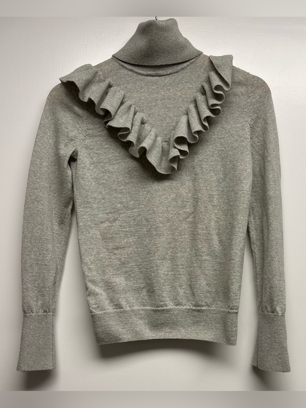 J. Crew Merino Wool Tippi Ruffle Turtleneck Sweater Heather Gray Zip Cuffs XS